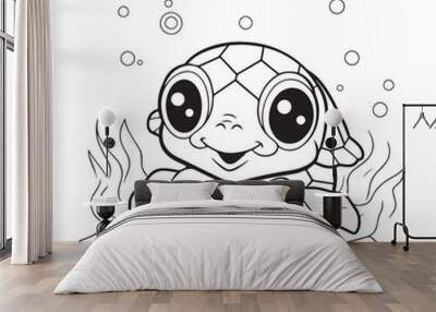 Vector illustration of turtle in the sea. Cartoonish, line art, black and white, coloring page Wall mural