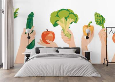 Different human hands holding fuits and vegetables. Concept harvest, agriculture, vegetarian flat vector illustration Wall mural