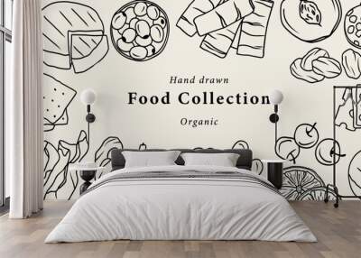 Doodle charcuterie board food background Wall mural