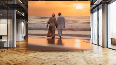 Elderly couple walking on beach. Generative AI. Wall mural