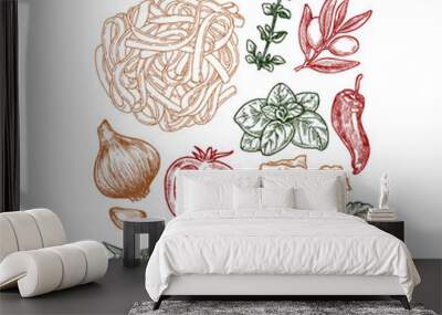 Engraved basil, tomato, olive, garlic, anchovy, truffle and pasta linear elements. Italian ingredients.  Wall mural