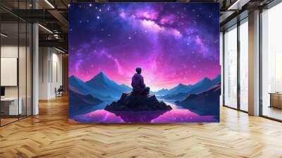 Fantasy scene with silhouette of man meditating in the dreamy landscape with mountains and starry cosmic sky, horizontal illustration Wall mural