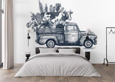 Farm fresh delivery design template. Classic vintage pickup truck with organic vegetables and a cow. Vector illustration Wall mural