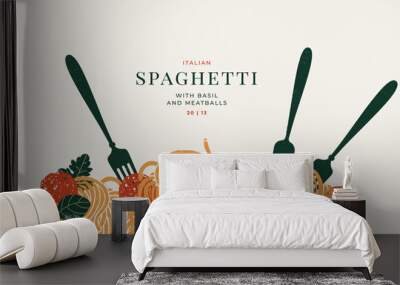 Forks tasting spaghetti with basil and meatballs. Food textured horizontal composition.  Wall mural