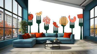 Forks with various food. Tomatoes with lemon and shrimp with pepper and salmon. Horizontal food design template.  Wall mural