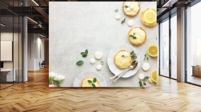 french desserts - tarts with lemon custard cream filling topped with  fresh mint on a concrete table, empty space, flatlay Wall mural