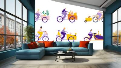 People driving cargo bikes set. Men and women on bikes carry different cargo, goods, children, things. Flat vector illustration Wall mural