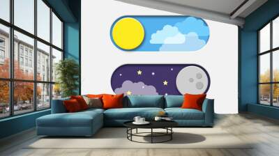 Set of buttons for night and day modes. Night, day switch. Night and day mode icons. Vector illustration. City Wall mural