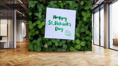 Green clover holiday border, st.Patrick's day decoration background with card Happy St. Patrick's Day Wall mural