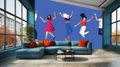 Group of young stylish joyful girls jumping with raised hands. Happy positive young women rejoicing together. flat cartoon style. Vector illustration. Characters design.  Wall mural