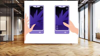 Hand holding smartphone and finger touch on screen. Mobile phone isolated. Vector illustration. Wall mural