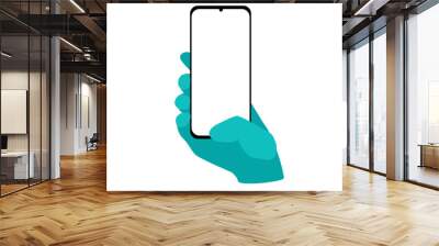 hand in gloves holding smartphone with white empty screen. blue screen, vector illustration, flat style Wall mural