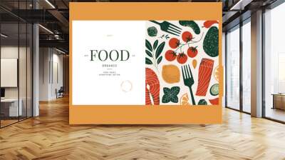 Healthy food design template. Salmon on the cutting board with the vegetables. Wall mural