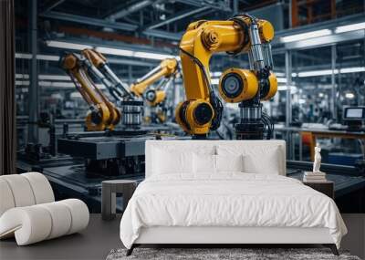 High-tech industrial robot arm working on an assembly line in a modern factory, concept of automation Wall mural