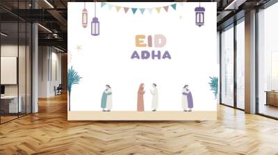 Holiday adha banner with mosque and celebrating people Wall mural