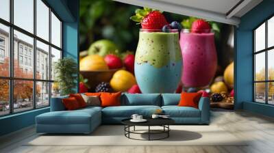 Horizontal close up of 2 smoothies with greens, blue spirulina and berries, decorated with fruits and granola, nature background with natural light, 16:9 Wall mural