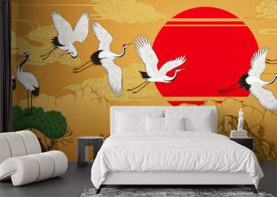 Horizontal landscape with Japanese cranes and pines Wall mural