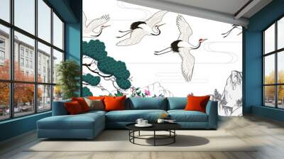 Horizontal landscape with Japanese cranes and pines Wall mural