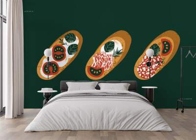 Italian bruschetta. Bread with tomatoes with basil and meat. Textured retro illustration. Vector illustration Wall mural