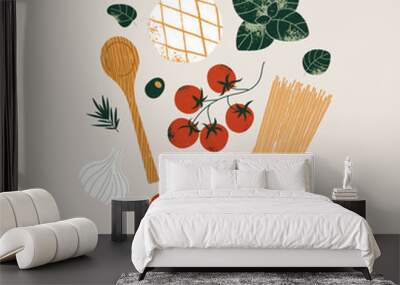 Italian pasta ingredients. Spaghetti recipe. Food textured composition. Wall mural