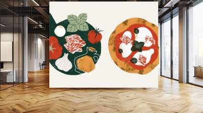 Italian pizza ingredients. Pizza with tomatoes and mozzarella. Vector illustration Wall mural