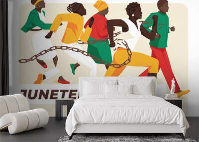 Juneteenth card design. A group of diverse African Americans are working. Broken chains. Vector flat illustration Wall mural