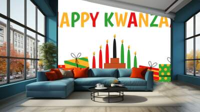 Seven candles in kinara and gift box. Happy Kwanzaa. Holiday african symbols with lettering on white background. Wall mural