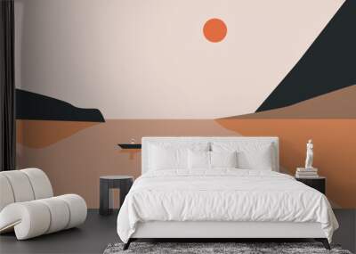 Landscape sea and mountains. Sunset with a boat. Vector illustration. Minimalist, simple and basic poster. Landscape banner in warm pastel tones for art decorations, decoration print. Wall mural