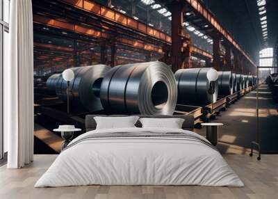 Large steel rolls storing inside a warehouse or industrial plant Wall mural