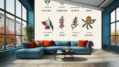 Line art Australian birth month flower set Wall mural