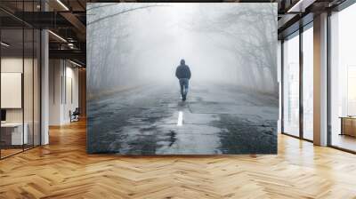 Lonely man walking in fog away road. Rural landscape with road in morning mist. Warm autumn colors. Dark mysterious background Wall mural