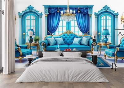 Luxurious blue and gold living room interior rendering with antique furniture and decor, showing wealth and opulence Wall mural