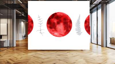 Watercolor seamless border pattern with creative red moon phases and healing herbs cornflowers, fennel, lavender, fern, mint flowers isolated on white background. Wall mural