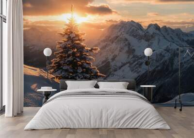 Winter sunset in the mountains. Single Christmas tree on white mountain covered by snow with the sun light at sunset sunrise. Christmas tree and the mountain nature landscape backgrounds. Wall mural