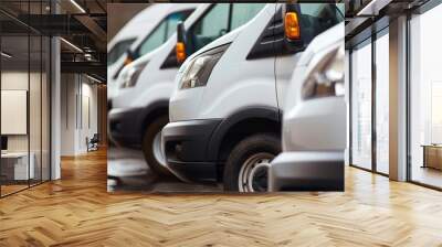 A fleet of white commercial vans parked in a row, showcasing their sturdy build and practical design for business and delivery purposes. Wall mural