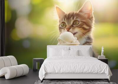 Adorable tabby kitten indulging in a creamy ice cream cone on a sunny day, showcasing its playful nature and human-like enjoyment of sweet treats. Wall mural