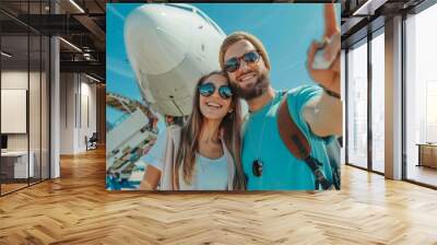 Adventurous couple takes cheerful selfie in front of airplane, capturing the excitement of travel with vibrant smiles and a peace sign gesture. Wall mural