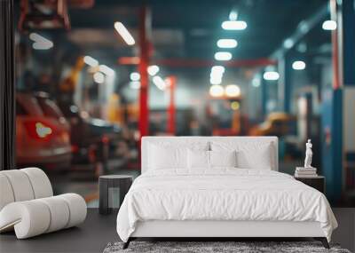 Blurred interior of a modern auto repair shop with lifts, bright lights, and cars undergoing maintenance, creating an atmosphere of busy mechanical work. Wall mural