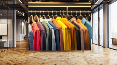 Colorful array of clothing hanging on a retail rack, showcasing a diverse selection of casual wear in various hues from vibrant to muted tones. Wall mural