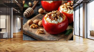 Delectable stuffed red apples with creamy cheese and crunchy nuts on rustic wooden board. Honey drizzler and scattered walnuts create gourmet appeal. Wall mural