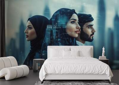 Diverse profiles merge with urban skyline, symbolizing unity and progress in a modern metropolis. Technology and tradition blend seamlessly in this futuristic cityscape. Wall mural