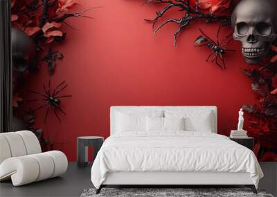 Eerie Halloween border with silver skulls, black spiders, and red flowers on a deep crimson background, creating a spooky yet elegant atmosphere. Wall mural