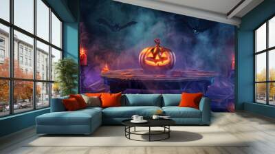 Eerie Halloween scene with glowing jack-o'-lantern on misty table, surrounded by lit candles and flying bats, creating a spooky atmosphere in purple haze. Wall mural