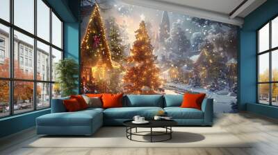 Enchanting winter village aglow with festive lights and decorated Christmas trees, snow falling softly in the twilight, creating a magical holiday scene. Wall mural