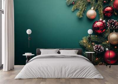 Festive Christmas decorations adorn evergreen branches against a deep green background, creating a classic holiday ambiance with red and gold ornaments. Wall mural