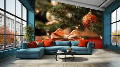 Festive wrapped gift beneath twinkling Christmas tree, adorned with colorful ornaments. Warm glow of lights creates cozy holiday atmosphere at home. Wall mural