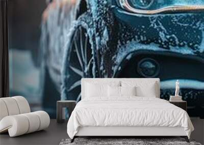 Frosty blue luxury car gleaming in winter sunlight, icy crystals adorning its sleek body and wheels, creating a stunning contrast against the warm golden backdrop. Wall mural