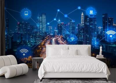 Futuristic cityscape at night with glowing network icons floating above, showcasing smart city technology and interconnected urban infrastructure. Wall mural