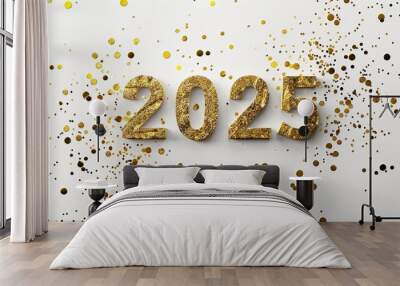 Glittering gold numbers 2025 on white background with festive confetti scatter, heralding a new year celebration with sparkle and shine. Wall mural