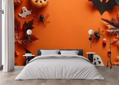 Halloween decorations on vibrant orange background: pumpkins, ghosts, bats, spiders, and autumn leaves create a festive and spooky seasonal display. Wall mural